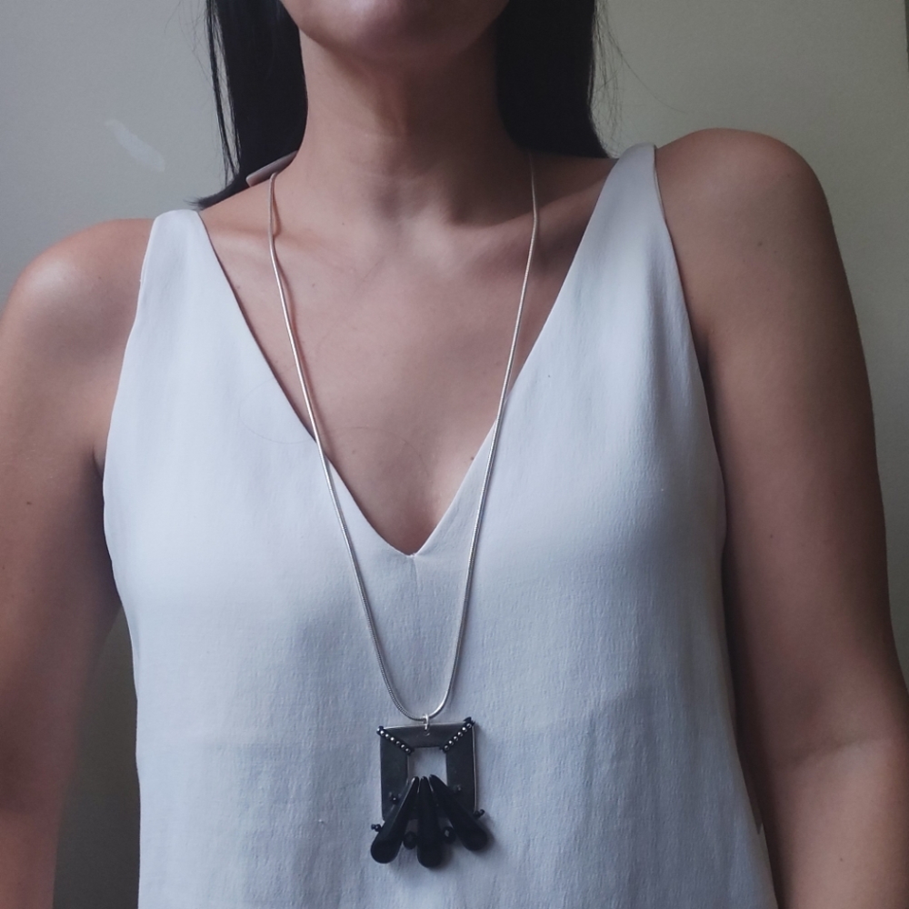 Long chain pendant necklace | square necklace | black silver color
